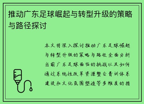 推动广东足球崛起与转型升级的策略与路径探讨