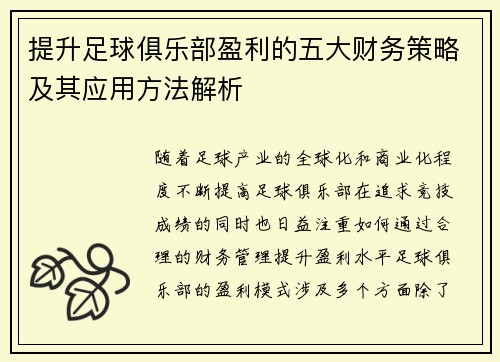 提升足球俱乐部盈利的五大财务策略及其应用方法解析
