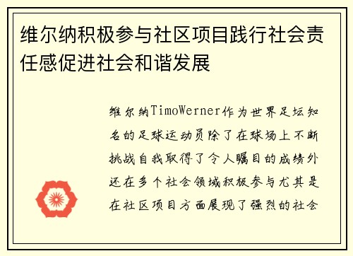 维尔纳积极参与社区项目践行社会责任感促进社会和谐发展