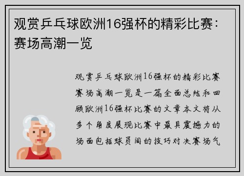 观赏乒乓球欧洲16强杯的精彩比赛：赛场高潮一览