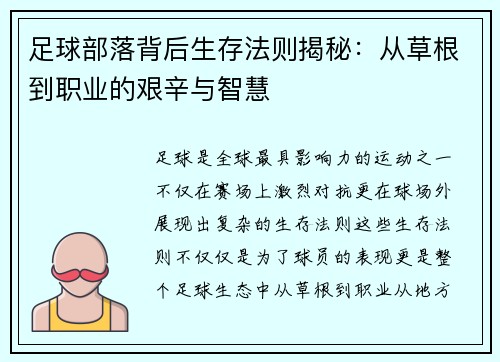 足球部落背后生存法则揭秘:从草根到职业的艰辛与智慧 足球部落背后生存法则揭秘:从草根到职业的艰辛与智慧
